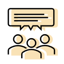 Icon showing three people with a speech bubble, linking to resources for users of analytics and Power BI reports.